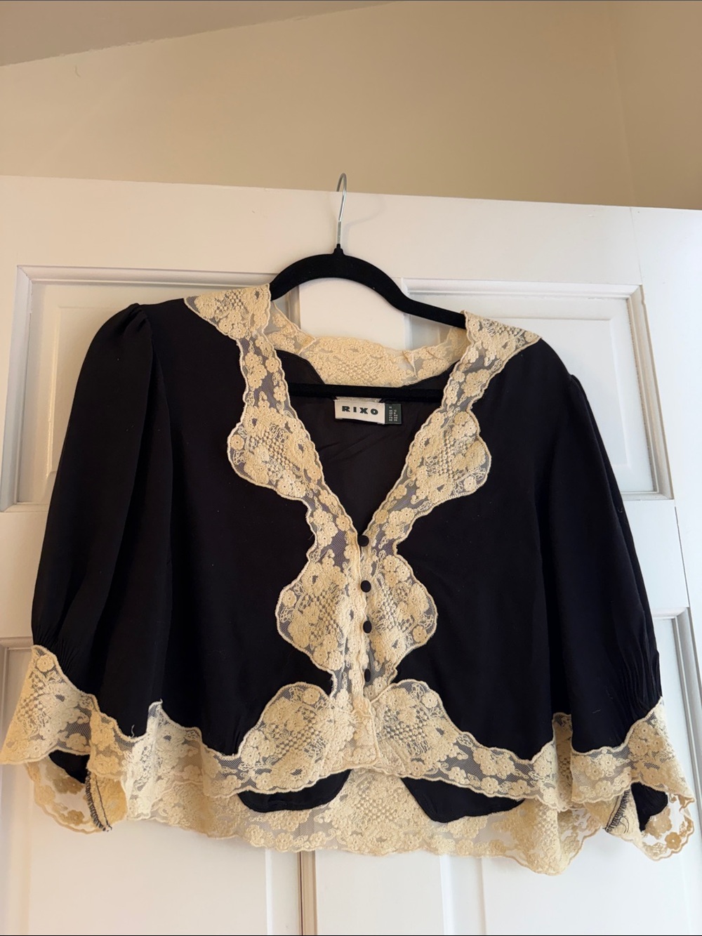 RIXO Black Blouse with Cream Lace Trim
